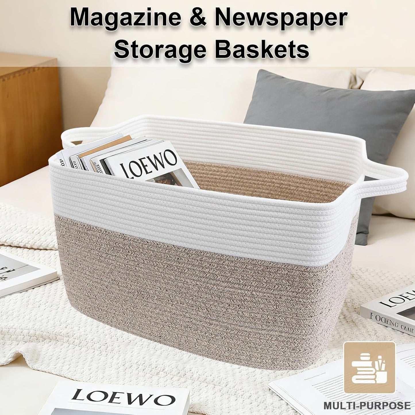 Large Blanket Basket,Woven Rope Basket Storage Bin with Handles,65L Rectangle Laundry Basket for Magazines,Toys,Clothes,Newspaper Shelf Organization,Nursery and Living Room,White & Brown