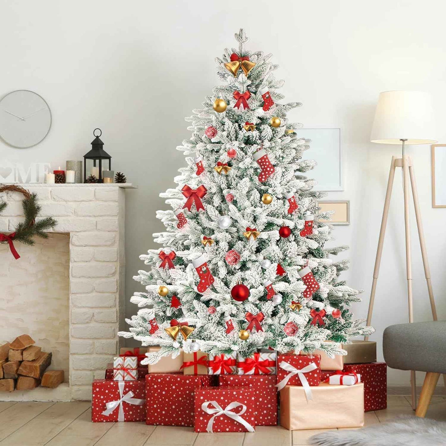 Outroad 7ft Snow Flocked Christmas Tree Premium Hinged Artificial Pine Tree, Xmas Tree Metal Stand and 1000 Lush Branch Tips Holiday Decorate, Easy to Assemble, White
