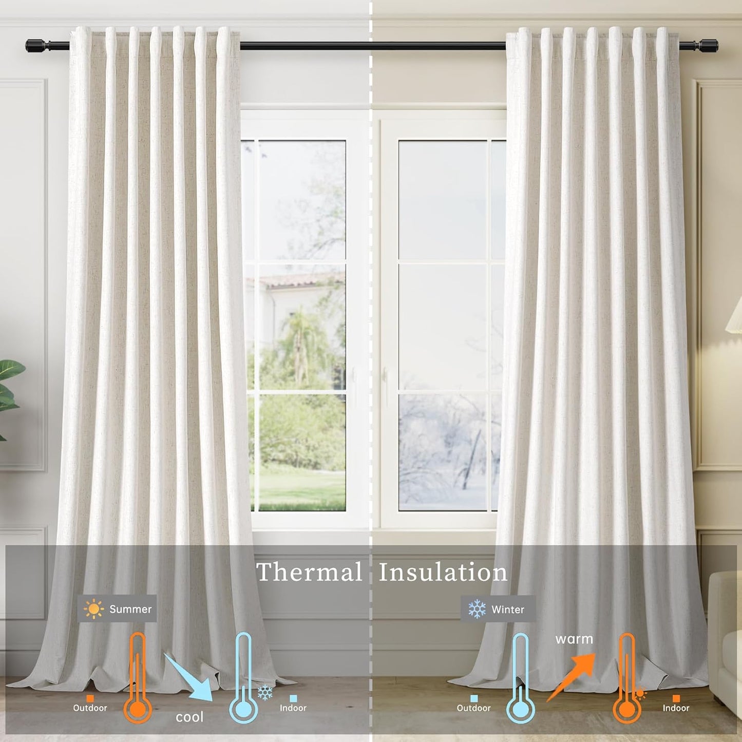100 Inch Black Out Curtains 2 Panels Set Back Tab Thermal Insulated Natural Linen Textured Blackout Curtains Noise Reducing Cream Colored Neutral Living Room Darkening Window Drapes Pleated 52x100
