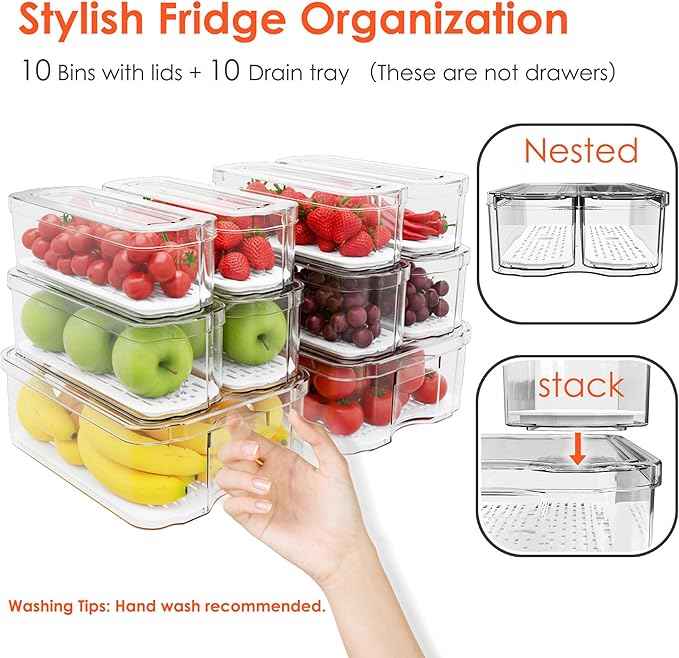 SMRCAD Fridge Organizers and Storage, 10 Pack Clear Organizer Bins with Lids for Kitchen, Pantry, Refrigerator, Food, Fruit, Vegetable Storage