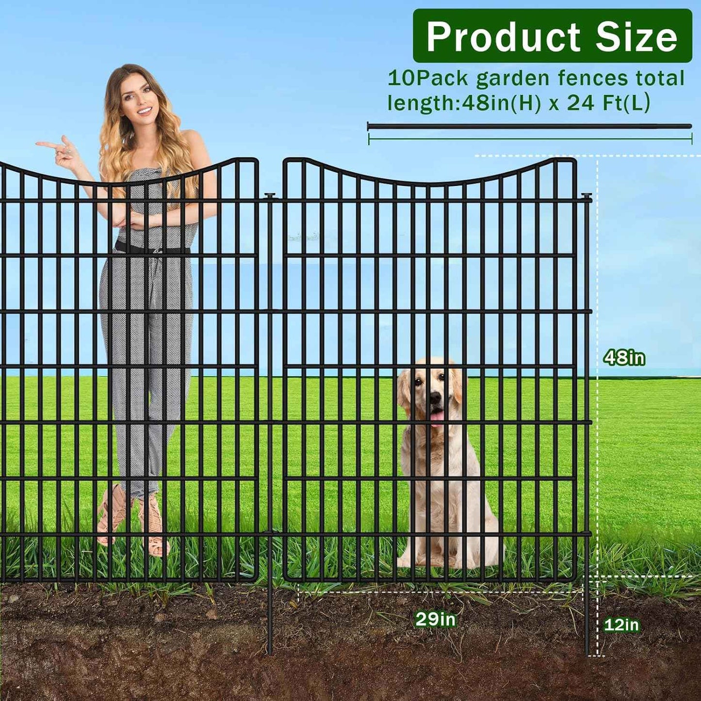 10 Panels Garden Fencing Animal Barrier with Gate, 48 in(H) X 23.6 ft(L) Dog Fence Outdoor for Yard, No Dig Temporary Tall Fence Rustproof Metal Wire Panel Border for Dog, Rabbits, and Patio