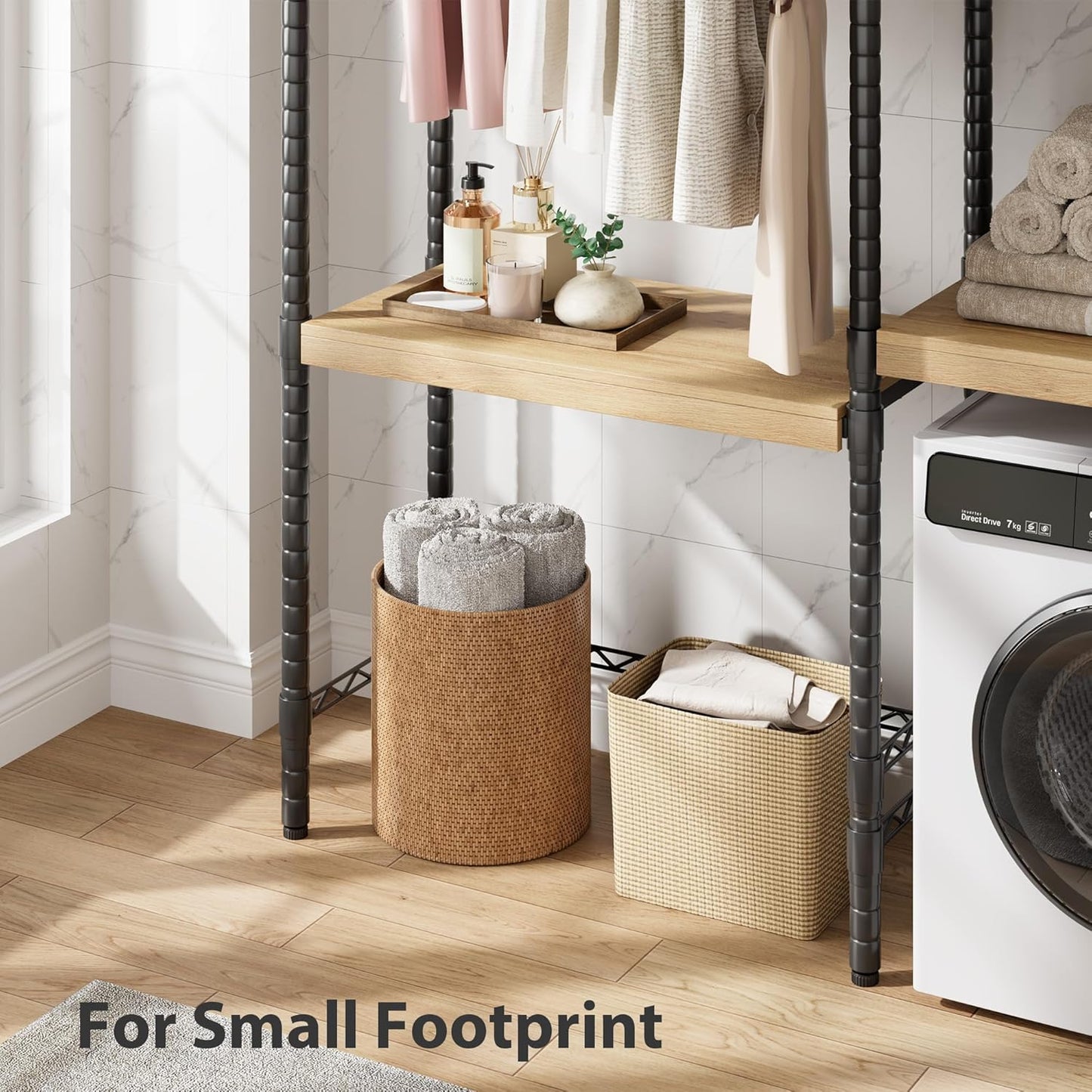 CABIHOME 5-Tier Over-The-Washer Shelf - Adjustable Height Laundry Organizer Space Saver, Double-Layer 100lb Shelves, 2 Hooks for Bathroom/Balcony (Natural& Black)