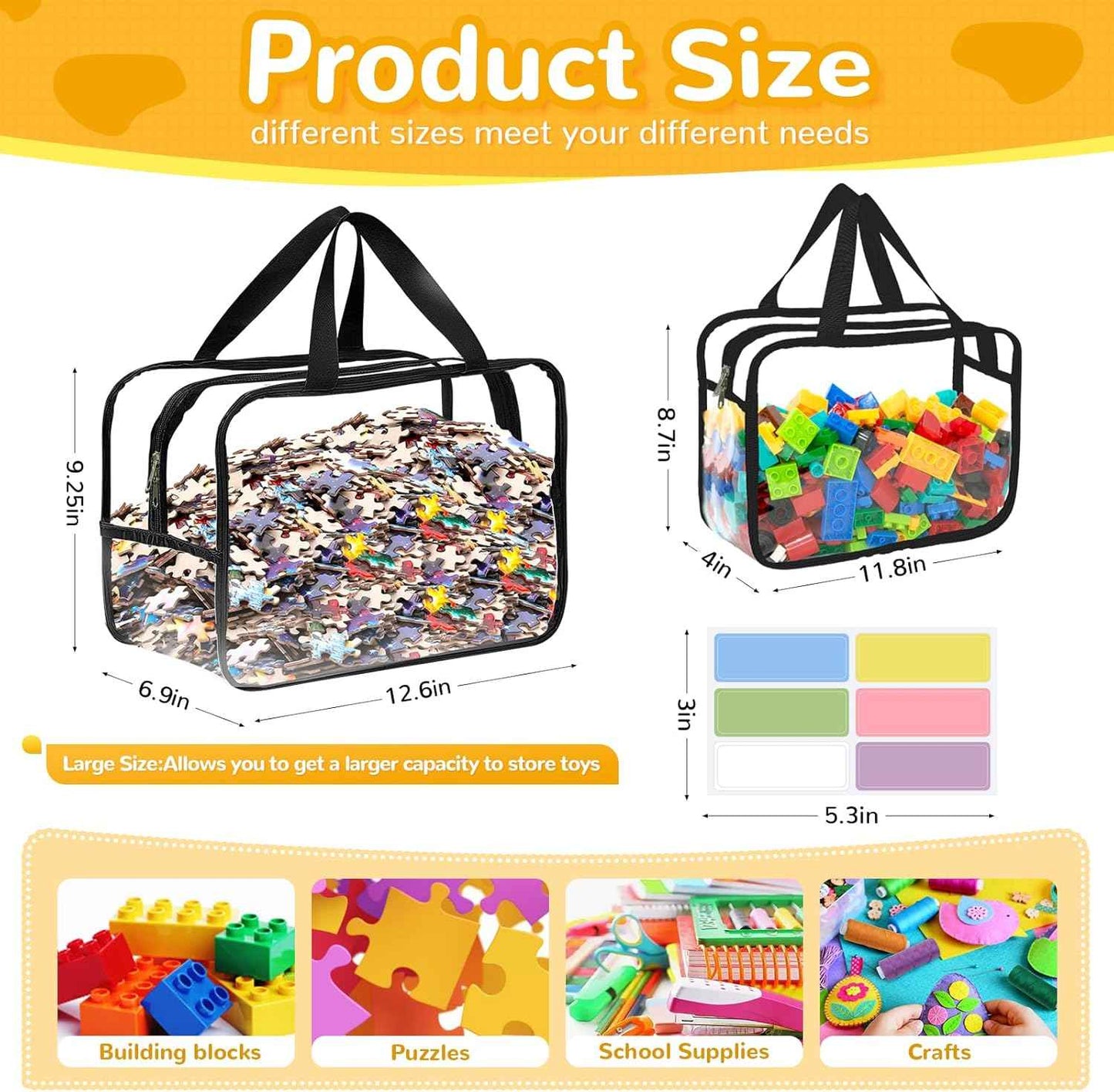 8 Packs Large Toy Storage Bags with Labels, Reusable Clear PVC Board Game Storage, Travel Waterproof Organizer Bags with Zipper for Building Blocks, Puzzle, Kids Books(4 large & 4 Extra Large)