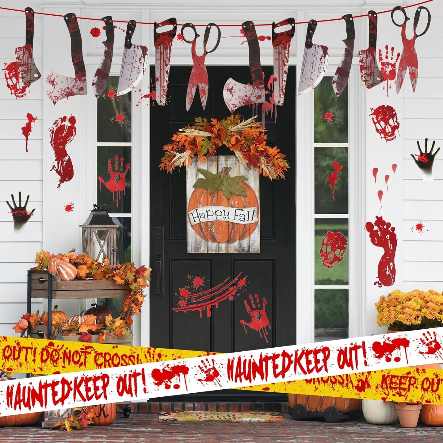 Halloween Decorations, 5 Sheets Wall Decals-Bloody Handprint Stickers, 2 Pack Halloween Banners and 2 PCS Caution Tape Rolls 3inx30ft for Outdoor, Indoor, Party Decor, Haunted Mansion