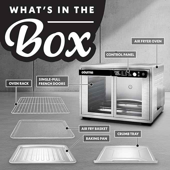 Gourmia French Door Air Fryer Oven - 37 Qt Large Capacity Convection Toaster Oven, FryForce 360°, Digital Display, 12 Cooking Presets, Dehydrate, Fits 13” Pizza, Dishwasher-Safe, Stainless Steel