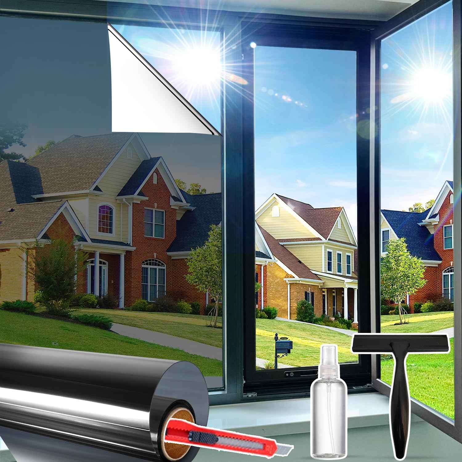Window Privacy Film One Way Daytime Privacy Static Cling Sun Blocking Anti UV Reflective Window Tint for Home and Office, Tinted Black, 17.5 inch X 78.7 inch