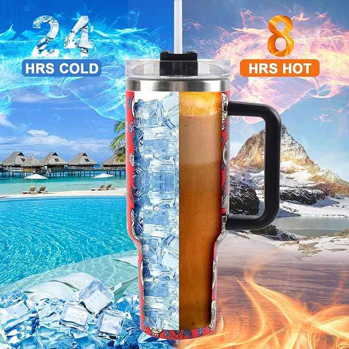 Jormungand 40 oz Tumbler with Handle and Straw, Vacuum Insulated Stainless Steel Cup & Water Bottle, Leakproof Lid, BPA-Free, Cup Holder Friendly for Travel, Keeps Drinks Hot & Cold Red Sugar Skull