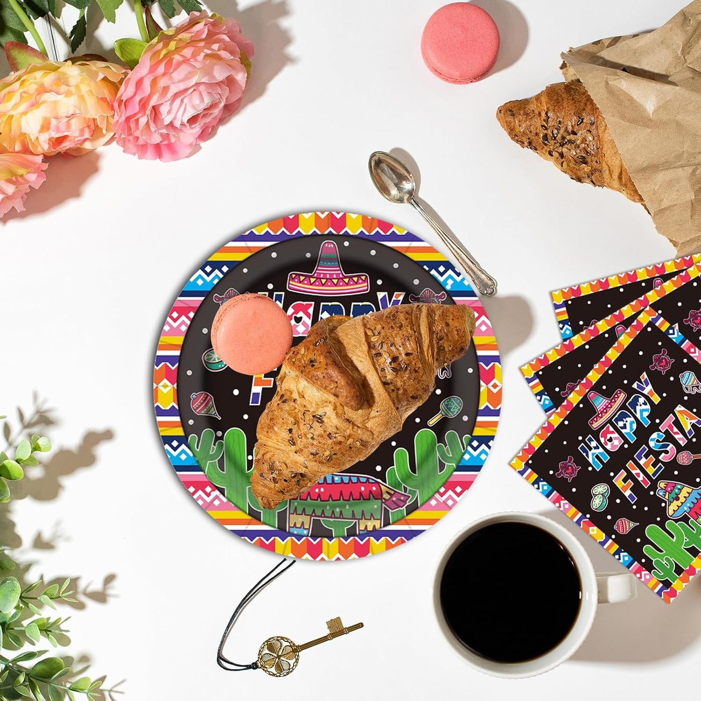 Mexican Party Paper Plates and Napkins Disposable Fiesta Party Supplies 9 inch 20 pcs Dessert Cake Plates & 20 pcs Napkins Tableware for Fruit Cake Party Decorations