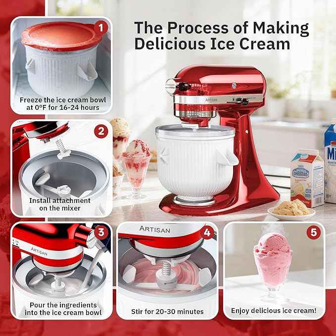 Ice Cream Maker Attachment for KitchenAid Stand Mixer, Ice Cream Bowl Compatible with 4.5Qt and Larger Stand Mixers, Ice Cream & Sorbet Gelato Maker Attachment, 2 Quart, White, With lid