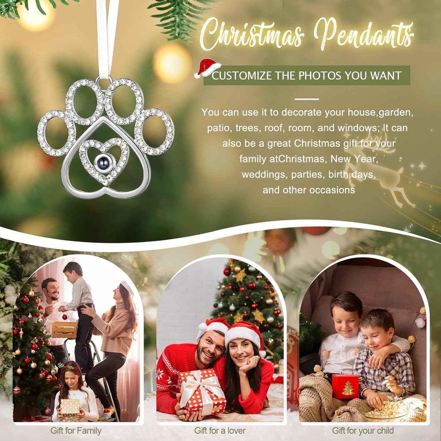 Personalized Photo Ornament for Christmas Tree, Custom Picture Inside Projection Pendant Ornament, 2025 New House Xmas Party Decoration, Memorial Gifts (Paw)