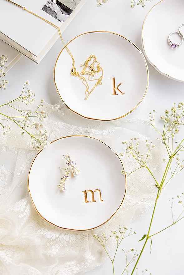 COLLECTIVE HOME - Ceramic Jewelry Tray, Decorative Trinket Dish for Rings Earrings Necklaces Bracelet Watch Keys, Birthday Mother's Day Christmas Gift for Women, 4.75", White Surface (L)