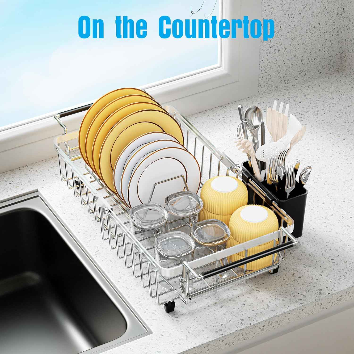 Expandable Over The Sink Dish Drying Rack, Anti-Rust Stainless Steel in Sink Dish Drainer with Cutlery Holder, Counter Space Saving Sturdy Sink Drying Rack for Many Kitchen Drain Task