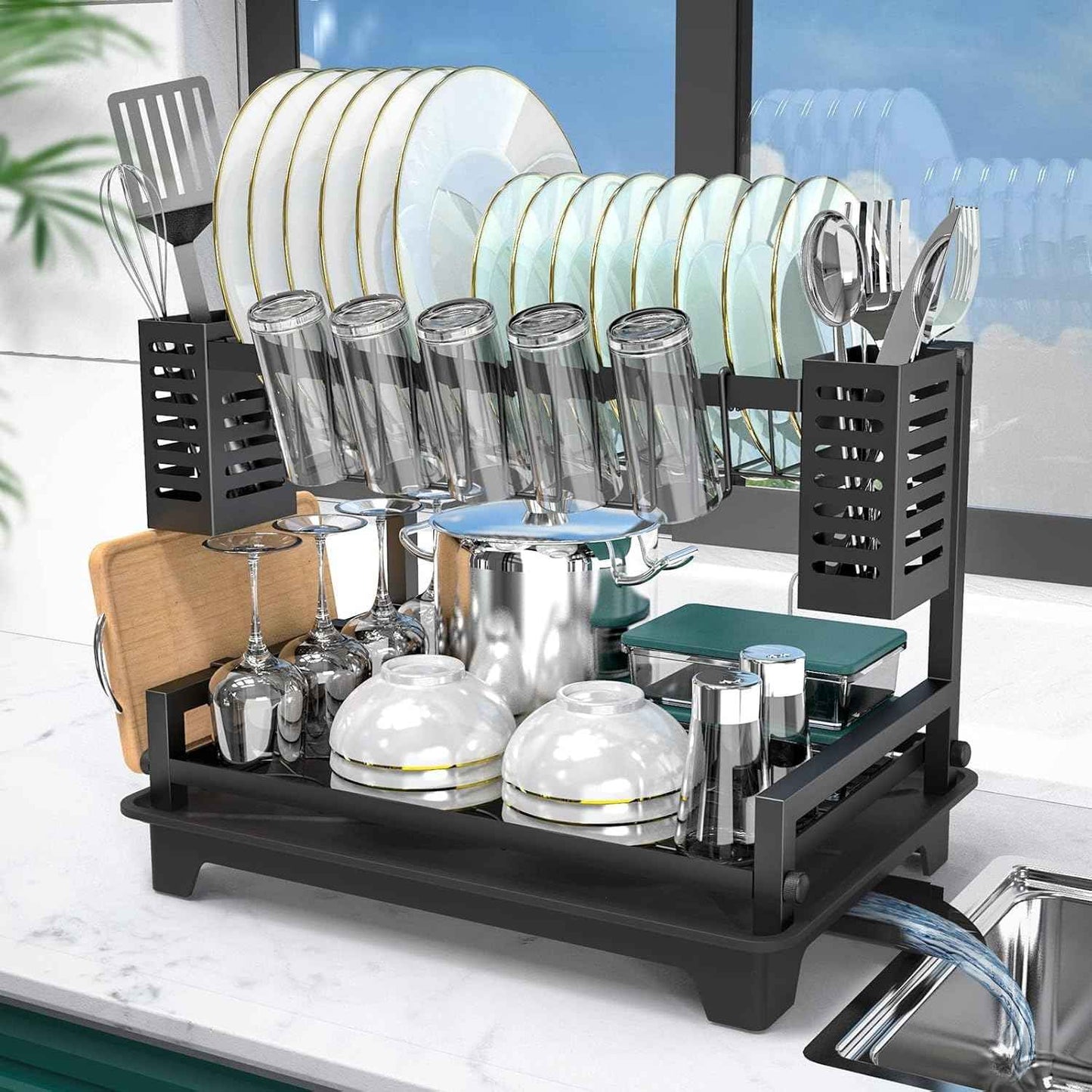 B-Land Dish Drying Rack: 2 Tier Dish Racks for Kitchen Counter and Sink - Large Dish Drying Rack with Drainboard & Utensil Holders - Stainless Steel Dish Drainers Kitchen Organization and Storage