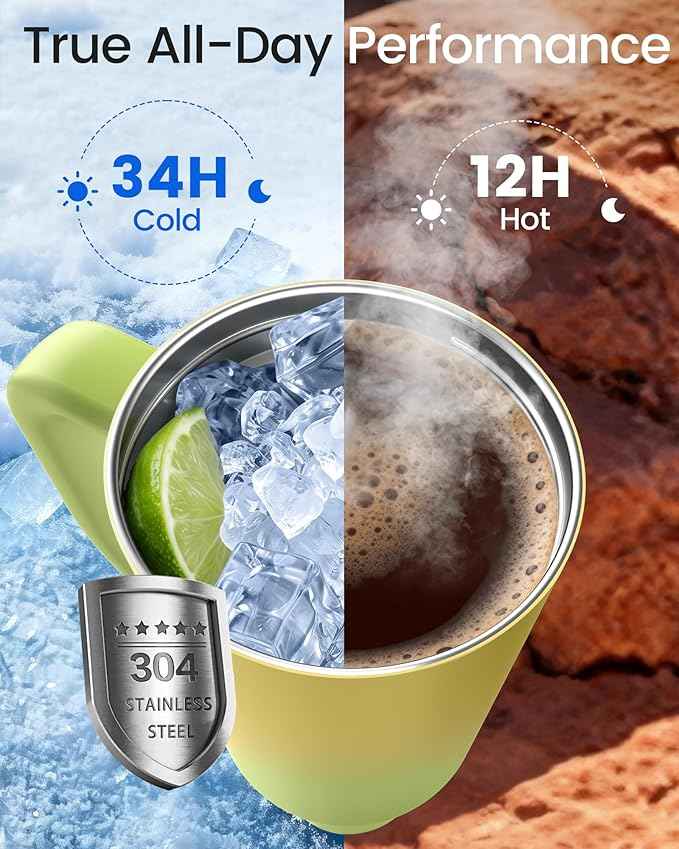 Renoj Insulated Mug 100% Spill Resistant Insulated Water Bottle for Iced Coffee & Hot Drinks - Fits Car Cup Holder, Ideal Gift, 2 Straws & Silicone Boot - FlexSlide Green Gradient 32 oz