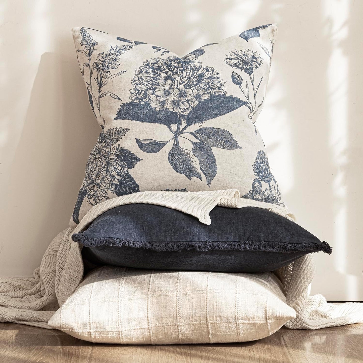 Foindtower Set of 2 Linen Floral Vintage Throw Pillow Covers Neutral Accent Print Decorative Cushion Covers Farmhouse Boho Home Decor for Sofa Chair Couch Bedroom Living Room Outdoor,24×24 Inch,Blue