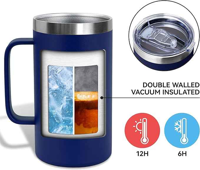 DOMICARE 24oz Mug with Handle and Lid, Stainless Steel Coffee Mug, Travel Mug with Handle, Double Wall Vacuum Coffee Tumbler, Reusable Insulated Cup, Navy, Pack 8
