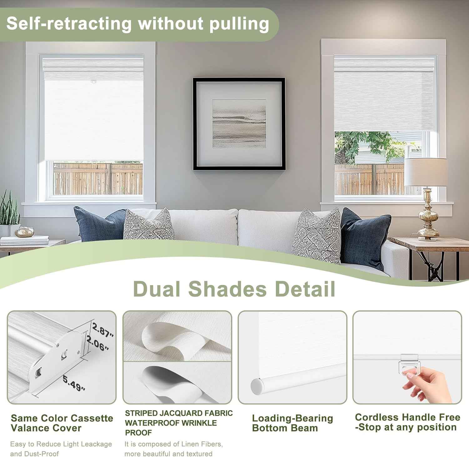 Cordless Dual Roller Shades with Cassette Valance,Double Window Shades Custom Blackout and Light Filtering Shades,Day Night Roller Blinds for Home Office Bedroom,35" W x 80" H,Jacquard White