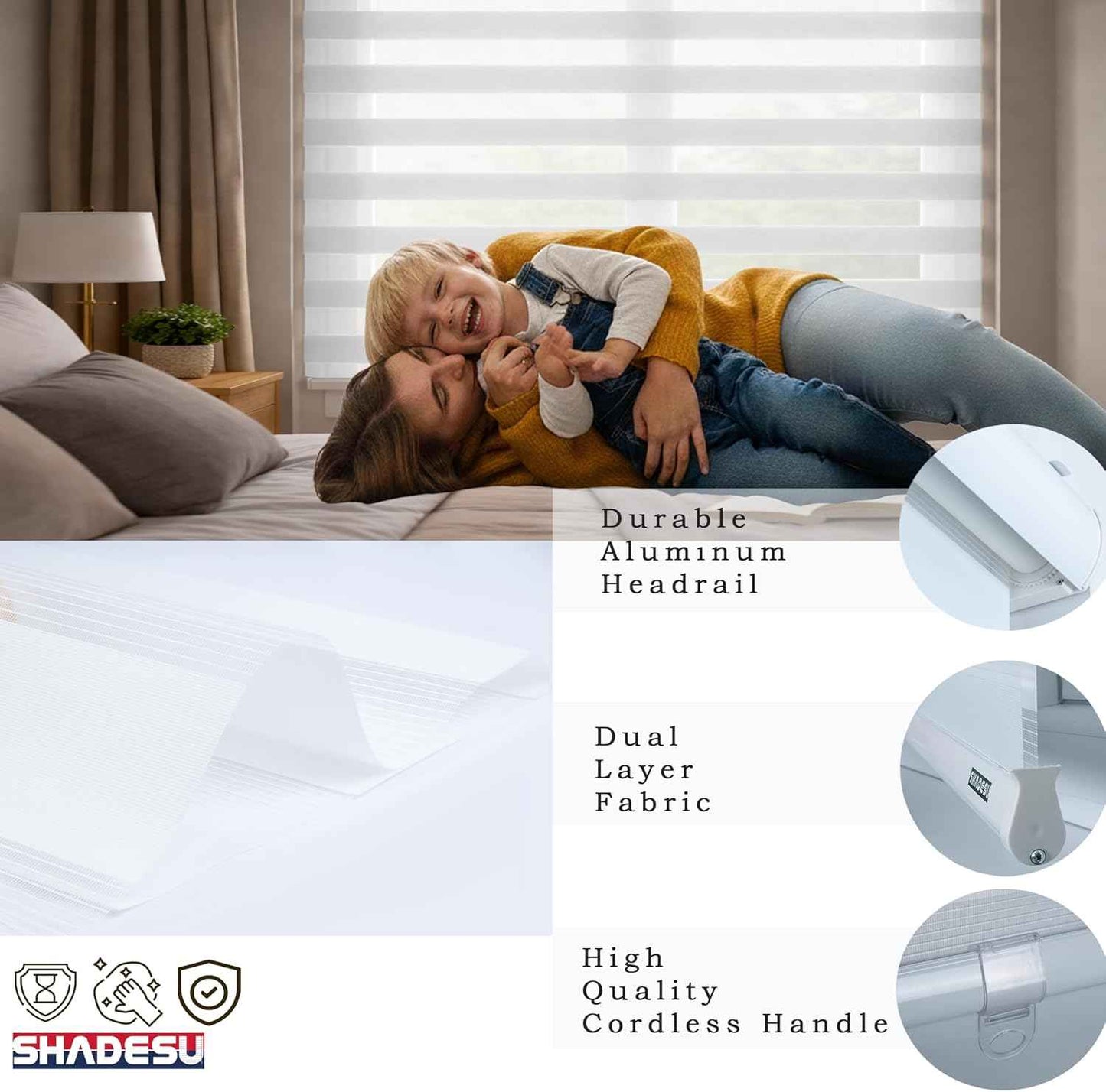 ShadesU Cordless Zebra Blinds – Light Filtering Dual-Layer Window Shades for Privacy (White Color) (Maximum Height 72") (Width 34")