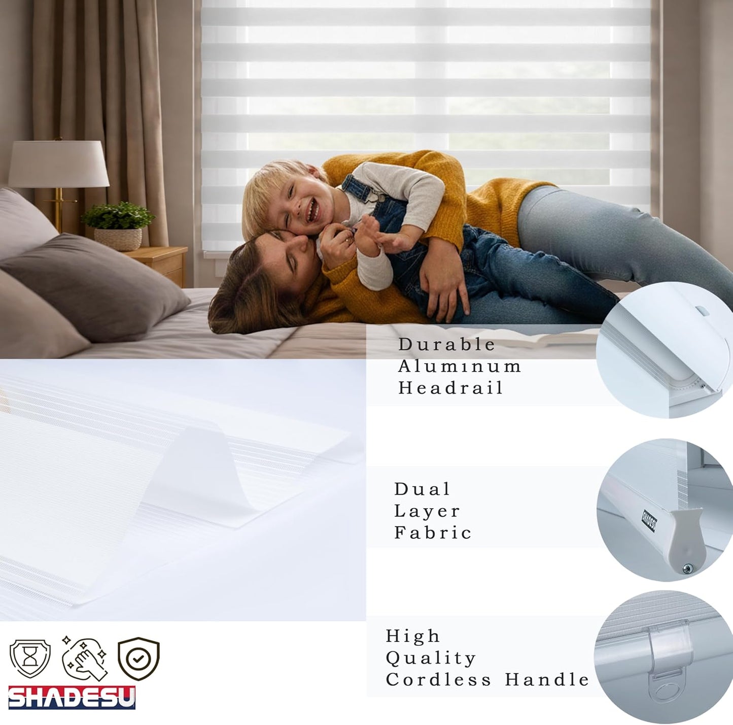 ShadesU Zebra Blinds – Light Filtering Dual-Layer Window Shades for Privacy (White Color) (Maximum Height 72") (Width 74")