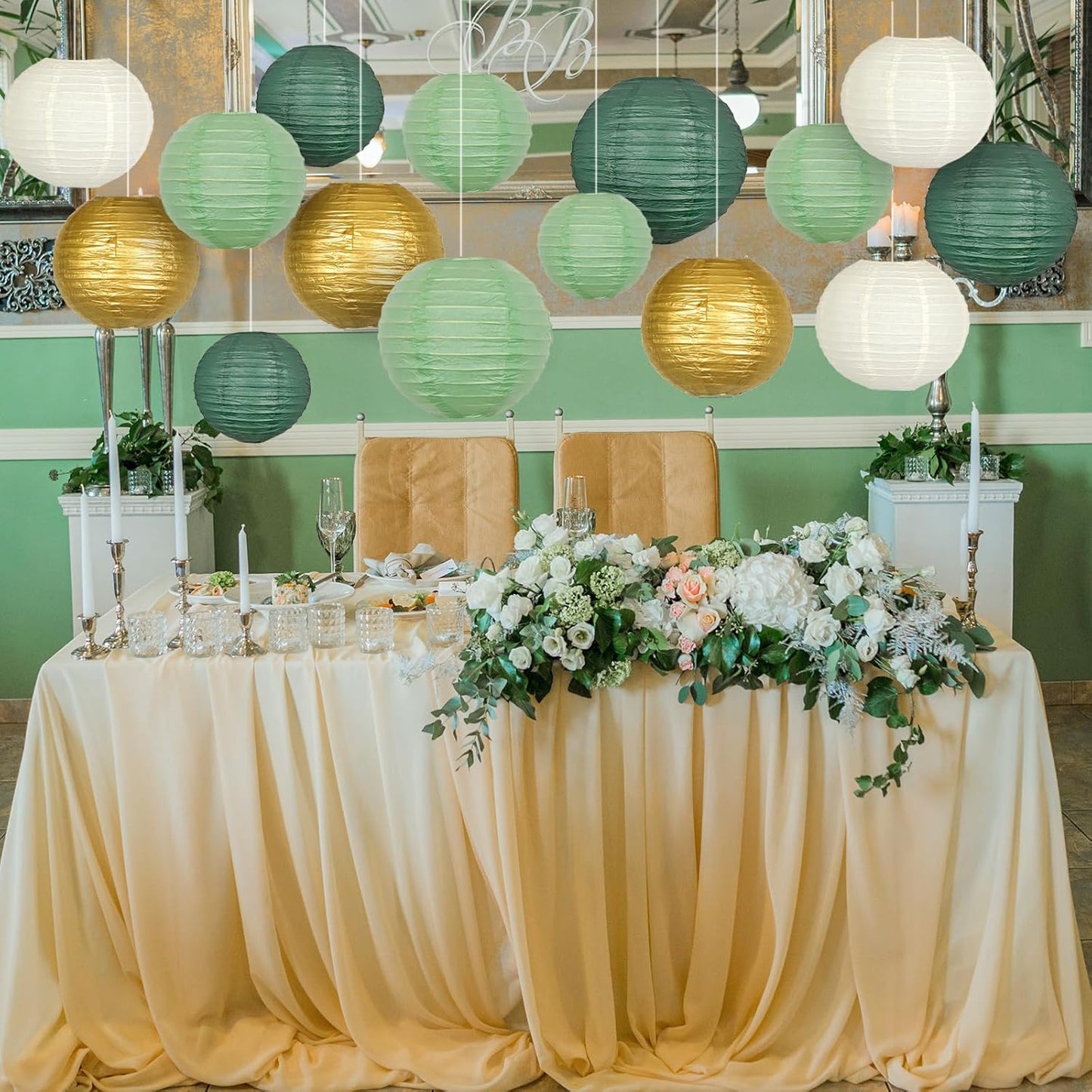 ADLKGG Sage Green Gold Paper Lanterns Decorative, Round Hanging Paper Lanterns for Graduation Wedding Bridal Shower Birthday Party Neutral Baby Shower Decorations, 21pcs