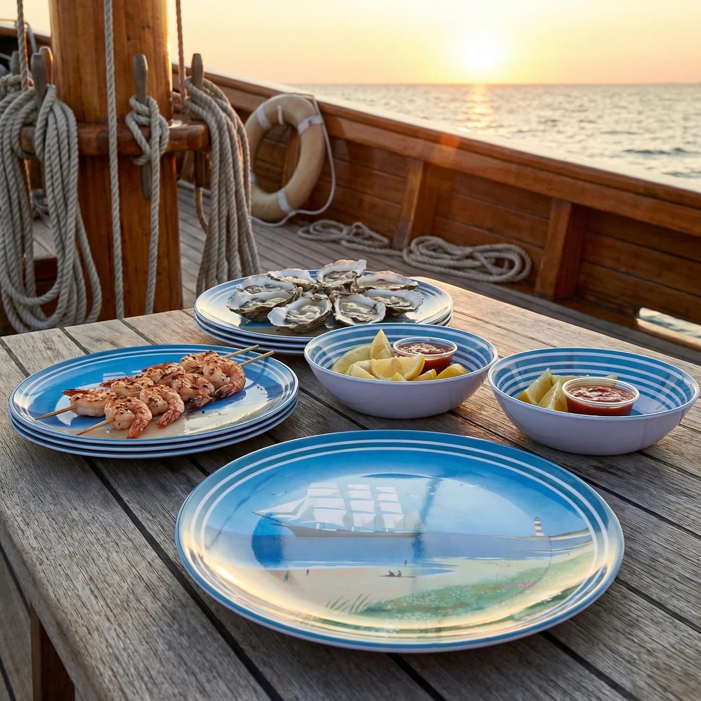 Outdoor Melamine Dinnerware Set 12-Piece, Beach Sailing Pattern Unbreakable Plates & Bowls, Dishwasher Safe Lightweight for Picnic Pool Party Camping（Sailboat）