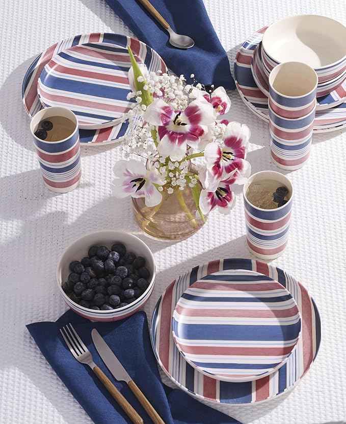 Oneida Dinnerware Sets, 24 Seven Melamine Stripe 12-Piece Dinnerware Set, Set for 4, Service For 4, Melamine Material, Dishwasher Safe, Plates And Bowls, Dinner Dishes, Kitchen (Assorted, 12 Piece)