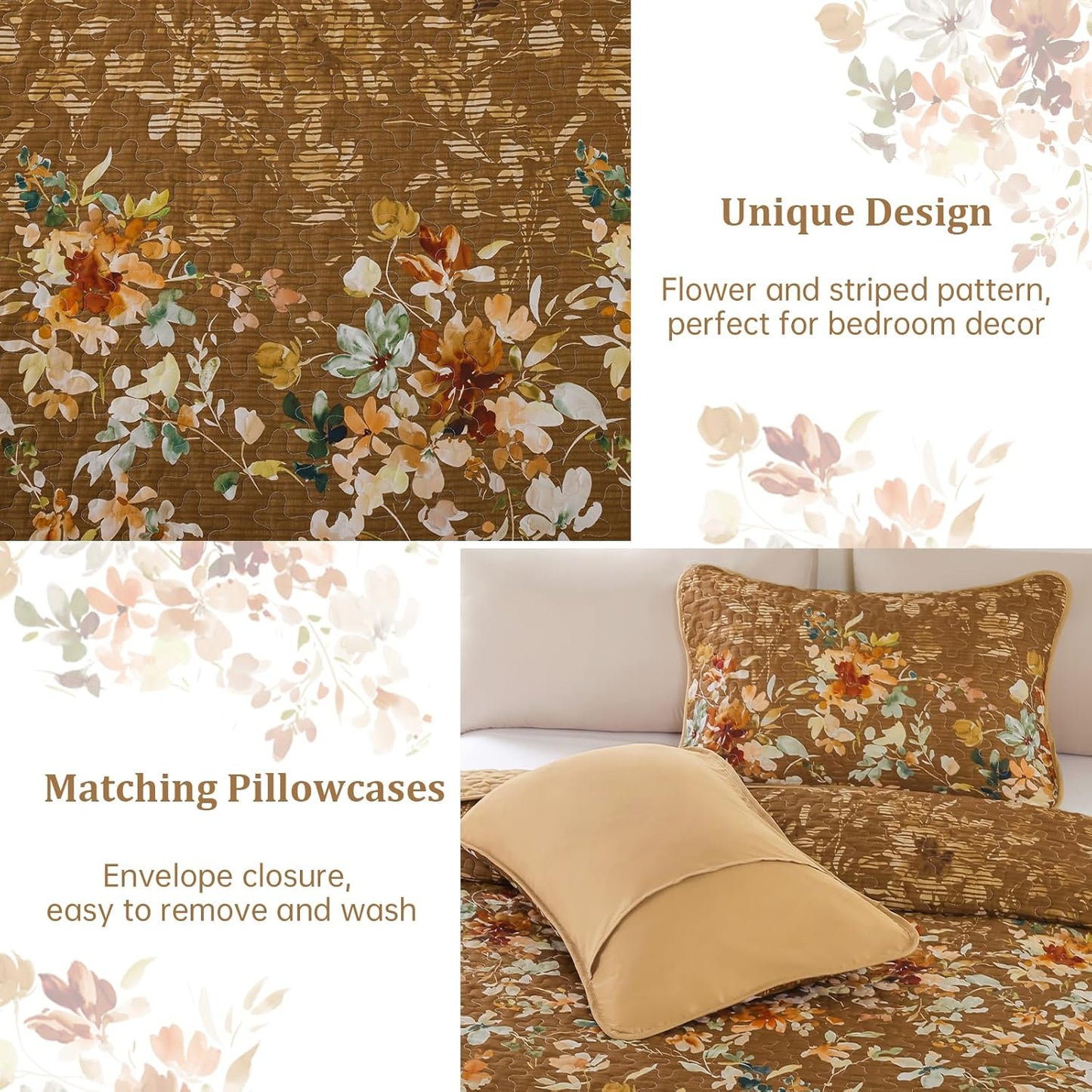 Dobuyly Brown Quilt Set Queen Size, Floral Bedspreads Coverlet Set, 3 Pieces Soft Lightweight Microfiber Farmhouse Botanical Quilt Bedding Set for All Seasons 96"x90"