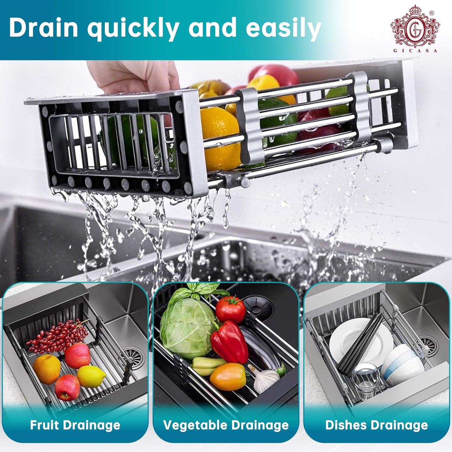 Kitchen Multi-Function Retractable Sink Dish Drying Rack, Stainless Steel Drainer for 10.7"-17" Sinks, Kitchen Countertop Organizer for Dishes, Vegetables, and Fruits (Black & Small)