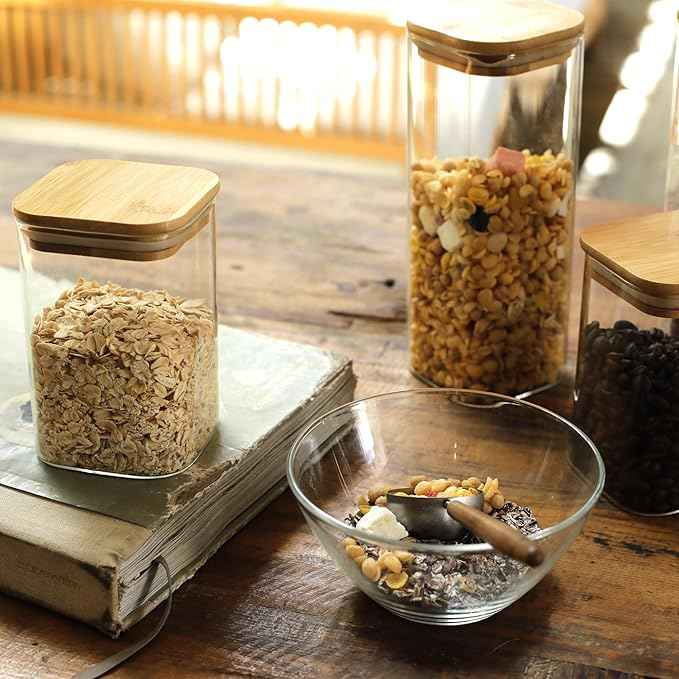LIBWYS 8-Pack Square Glass Storage Jars with Bamboo Lids (0.6Qt/1.06Qt) - Stackable Food Containers for Pantry Organization, Coffee, Flour, Snacks, Tea | Kitchen Canisters Set