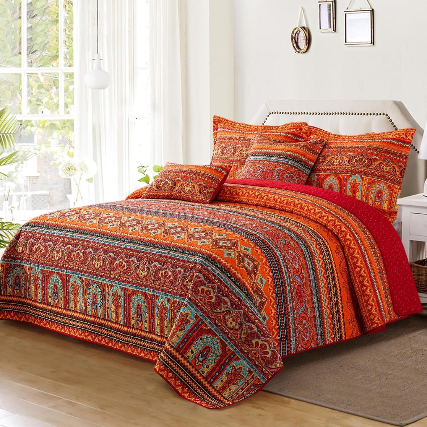 VAPUTAR Quilt California King Size Bedding Set - Cotton California King Quilt (108 * 118 Inch) - Boho Lightweight Reversible Oversized Bedspread for Farmhouse Bedroom (Red/Orange), 3 Pieces