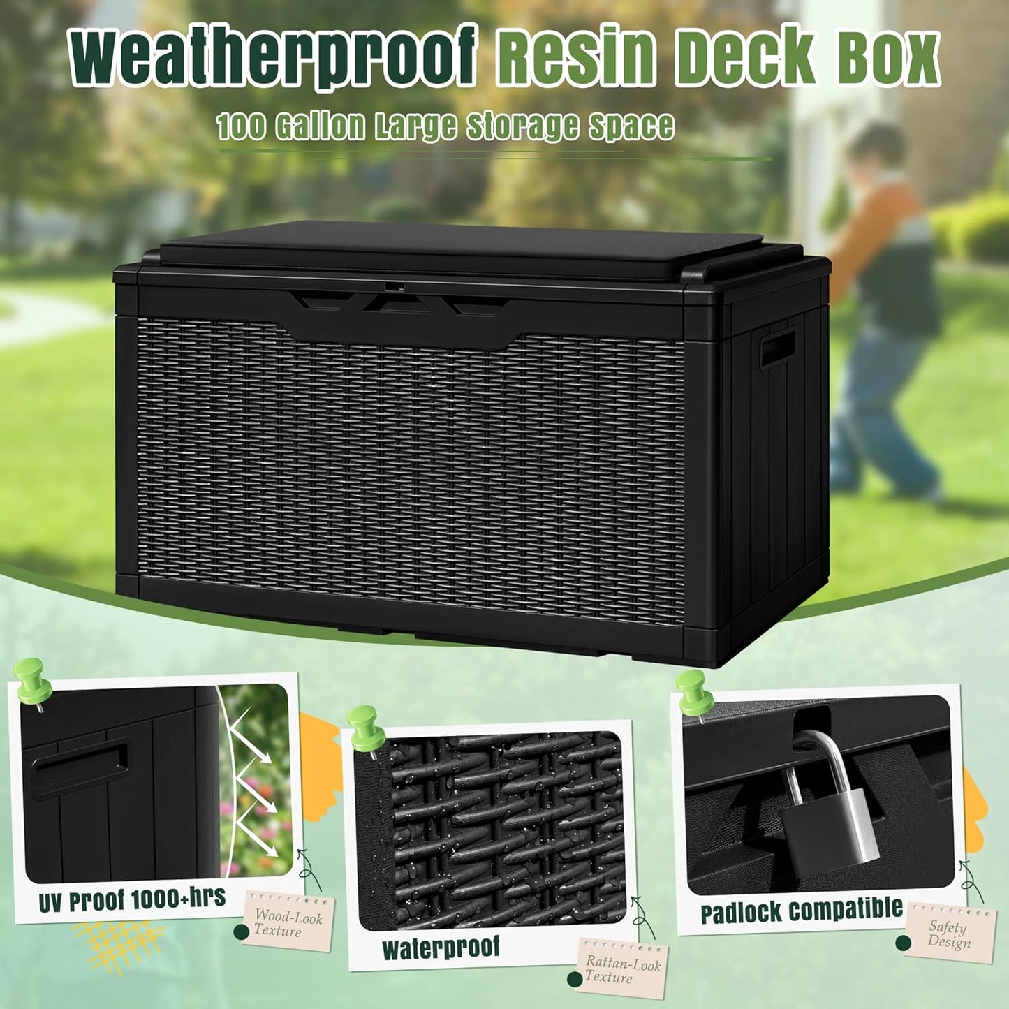 Greesum 100 Gallon Resin Deck Box Large Outdoor Storage with Cushions for Patio Furniture, Garden Tools, Pool Supplies, Weatherproof and UV Resistant, Lockable, Black