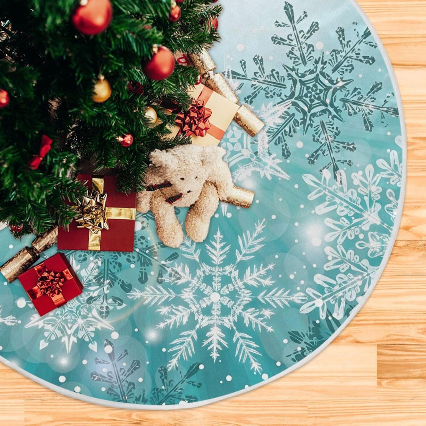 ALAZA Christmas Tree Skirt Decoration,Large Tree Skirt Ornament 47.2 Inch with Silver Winter Teal Turquoise Snowflakes Christmas for Christmas Party Holiday Home Decorations