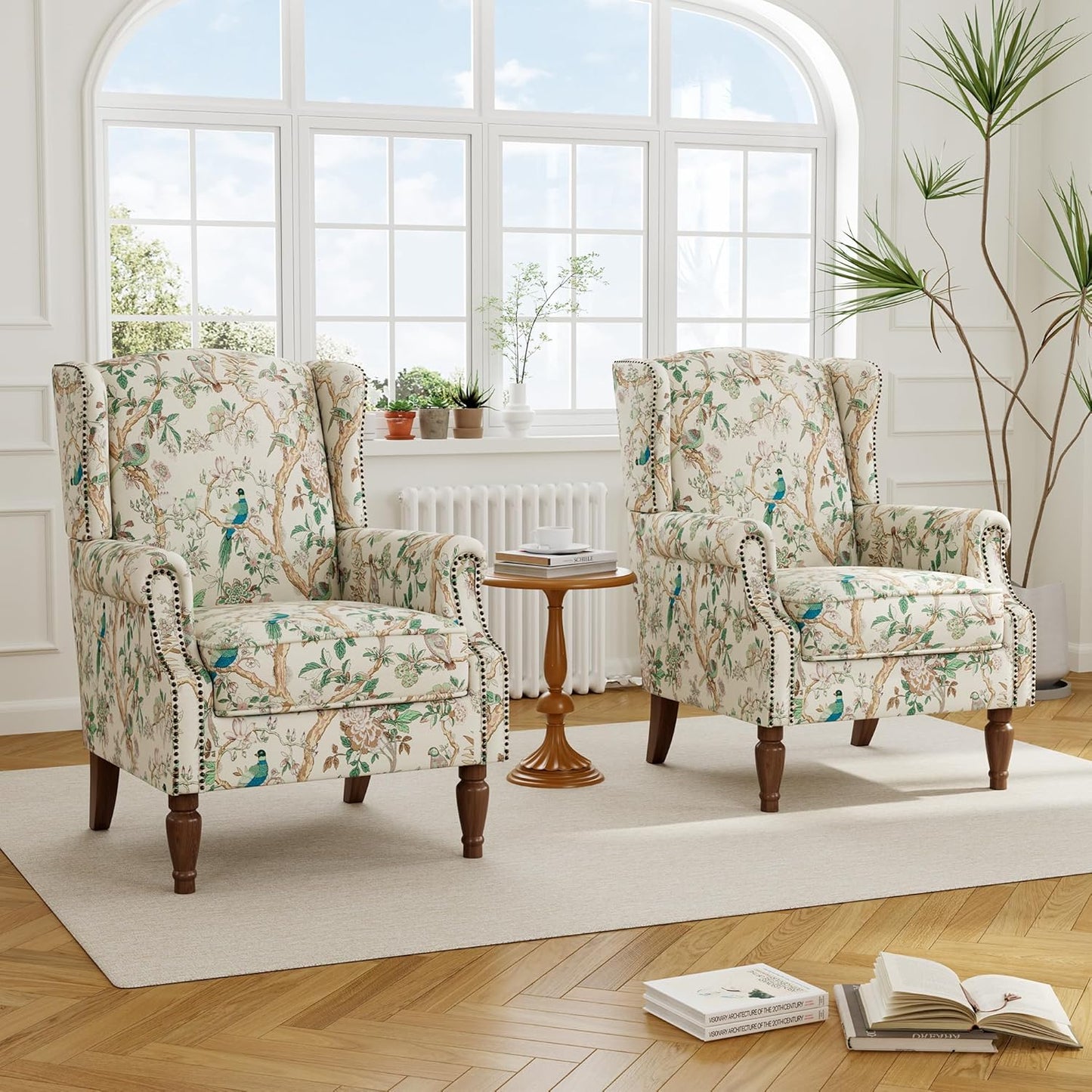 Floral High Back Accent Chair, Upholstered Armchair with Solid Wood Legs, Comfy Wingback Reading Single Sofa Chair for Small Spaces, Living Room, Bedroom(Floral Bird, Set of 1)