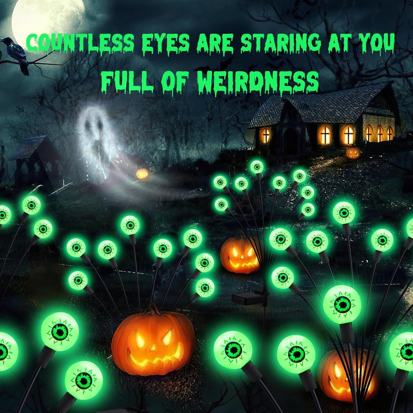 ASMAD Halloween Decorations Outdoor Solar Scary Eyeball Lights, 4Pack 32LEDs Green Eyeball Swaying Firefly Light, Waterproof Halloween Path Lights for Garden/Yard/Patio/Party Decor