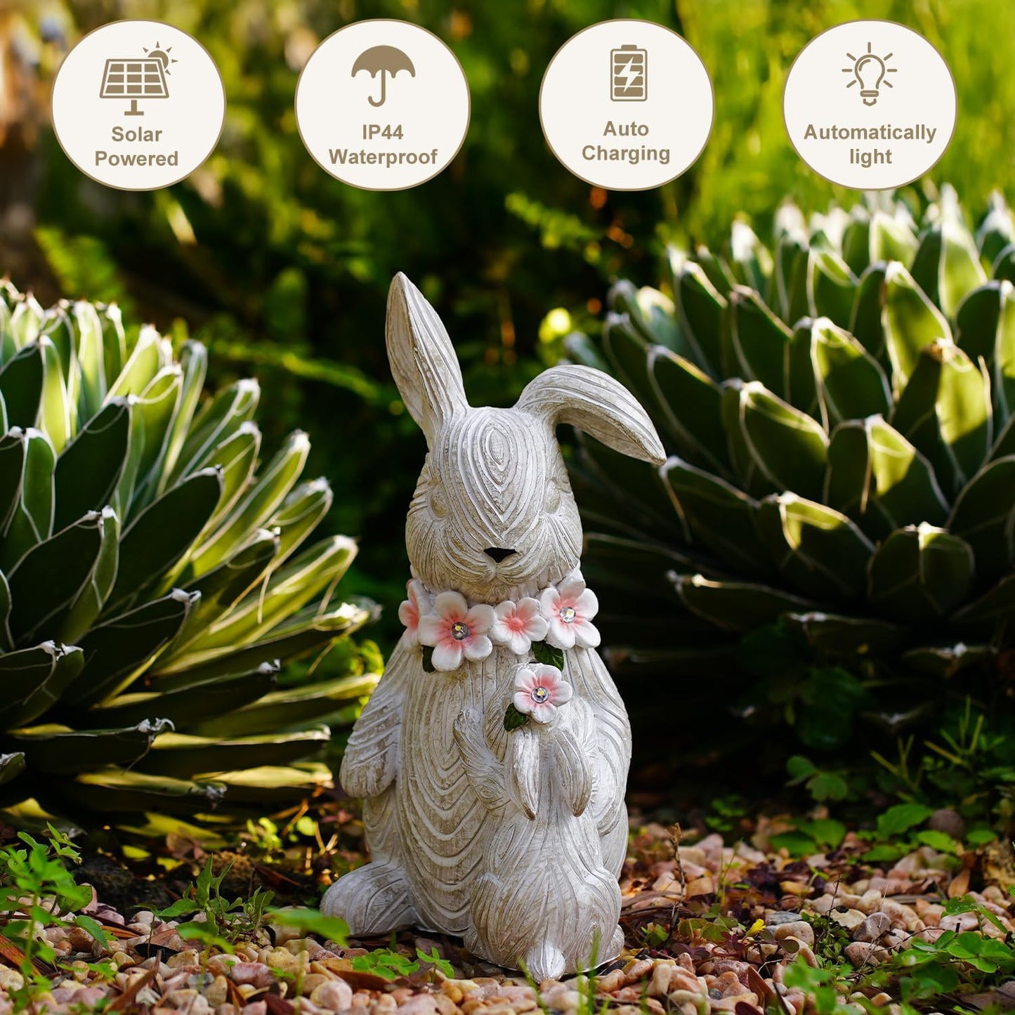 Garden Statues Rabbit with Solar Lights Outdoor Bunny Figurines Decorations for Patio Yard Lawn Ornaments Easter Gifts for Women Birthday