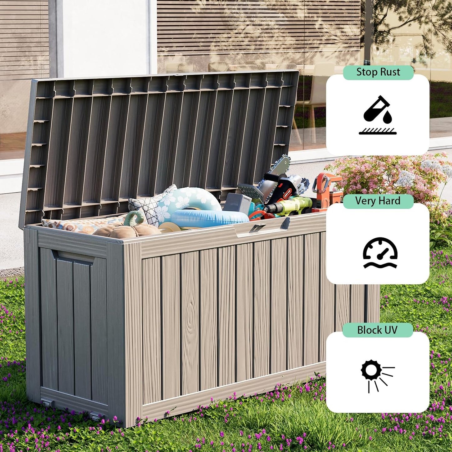 Vixzen 85 Gallon Resin Deck Box, Lockable Outdoor Storage Box for Patio Cushions Storage Furniture,Garden Tools, Pool Supplies, Weatherproof and UV Resistant-Grey