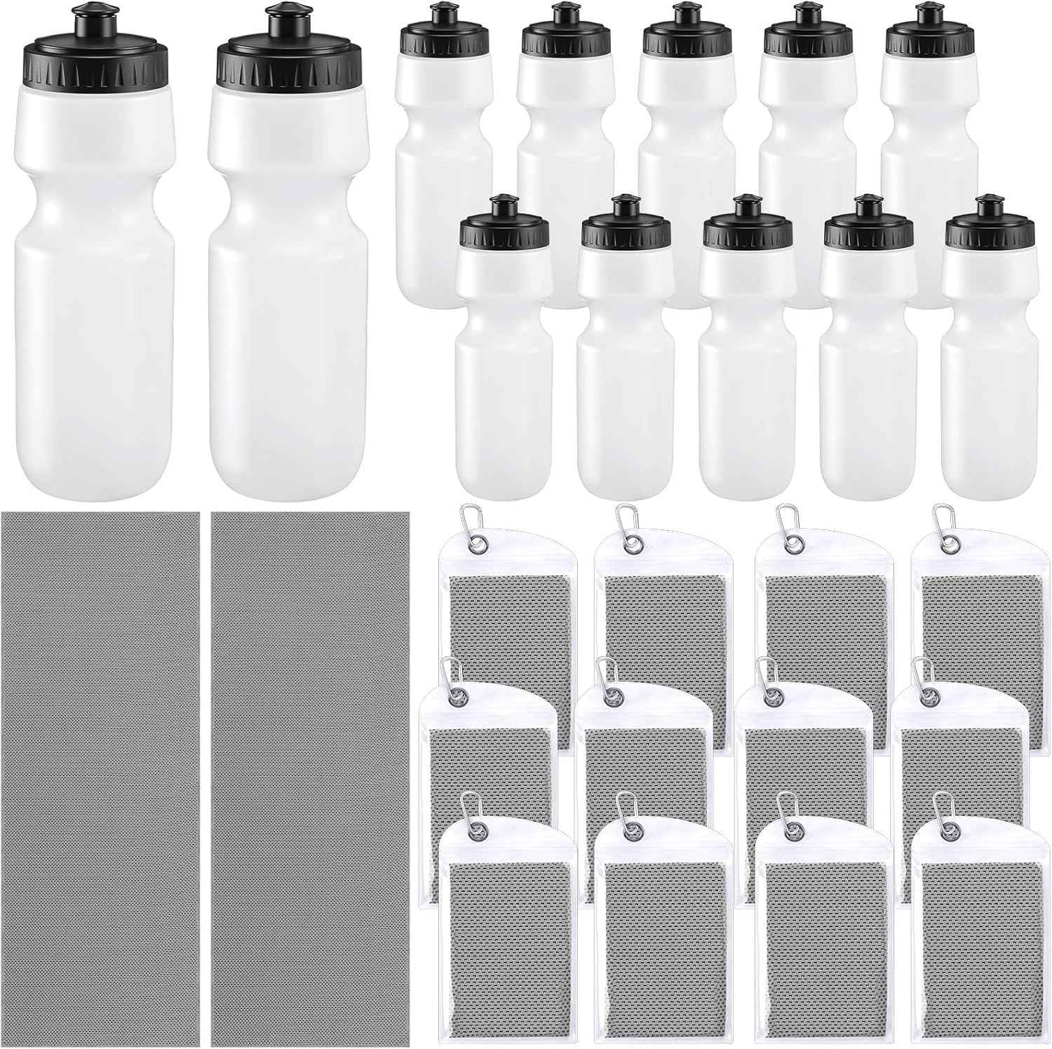 24 Pcs Sports Team Gift Sets Bulk with 12 Pcs 24oz Sports Squeeze Water Bottles 12 Cooling Towels Microfiber Breathable for Soccer Baseball Football Basketball Teams Coaches(Gray Towel)