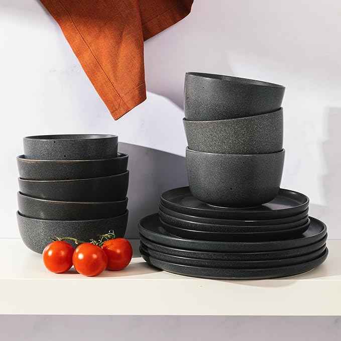 Gibson Elite James Street Stoneware Matte Reactive Double Bowl Dinnerware Set - Truffle Grey, Service for 4 (16pcs)