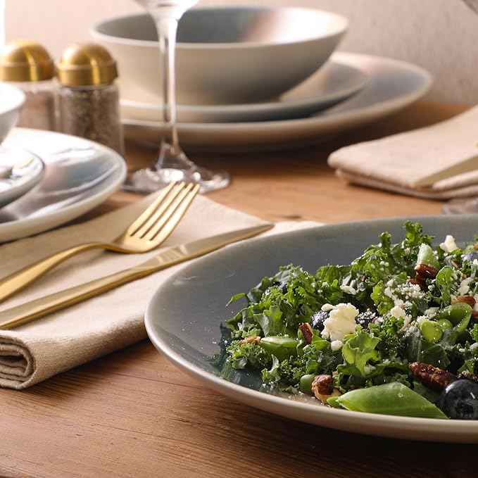 Gibson Elite Crescenton Plates and Bowls Sets, 12-Piece Blue Stoneware Dinnerware Sets, Round Reactive Glaze Dish Set