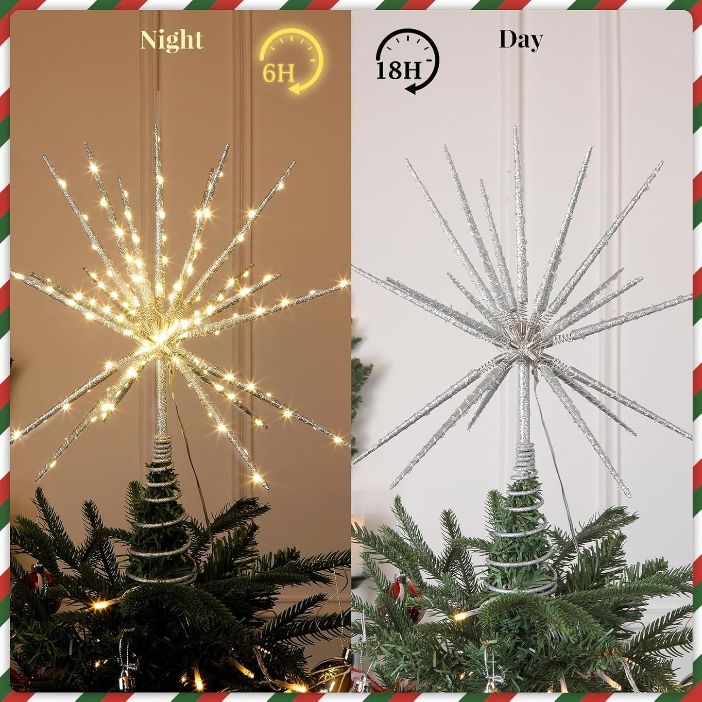 15 Inch Christmas Tree Star Topper with 150 LED Timer Lights & Remote, 19-Point USB Powered Lighted Silver Starburst Star Tree Topper for Indoor Holiday Party Xmas Tree Decor