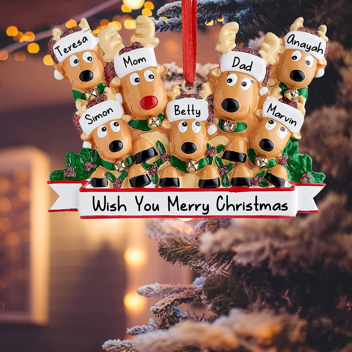 Personalized Deer Christmas Ornaments 2025 Family of 2,3,4,5,6,7,8 Custom Name Reindeer Xmas Ornament with Text,Customized Christmas Decoration Gifts - Family of 4