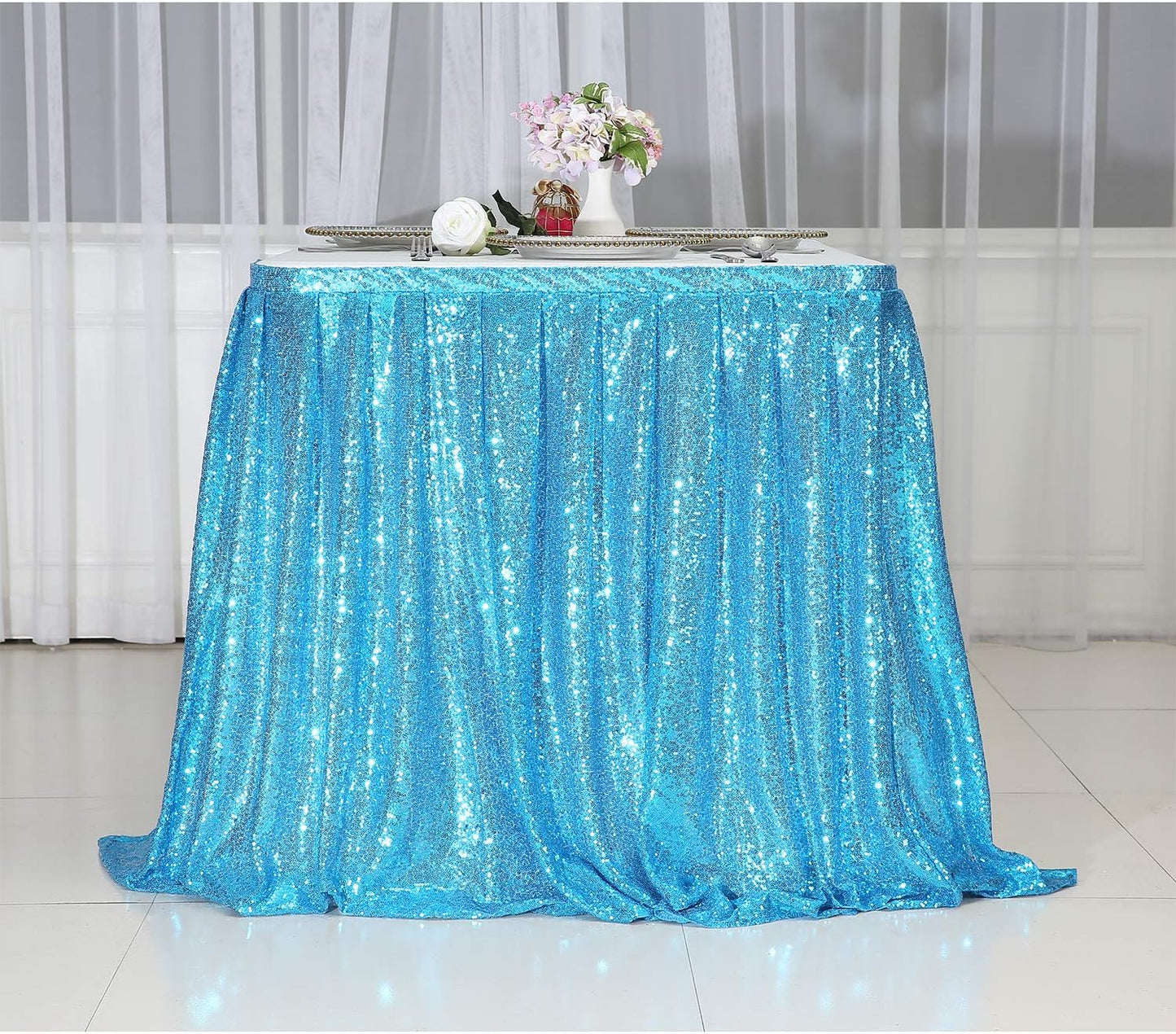 Eternal Beauty 6ft Sequin Table Skirt for Party Wedding Birthday Baby Shower Holiday Decoration (L6(ft) H 30in, Turquoise)