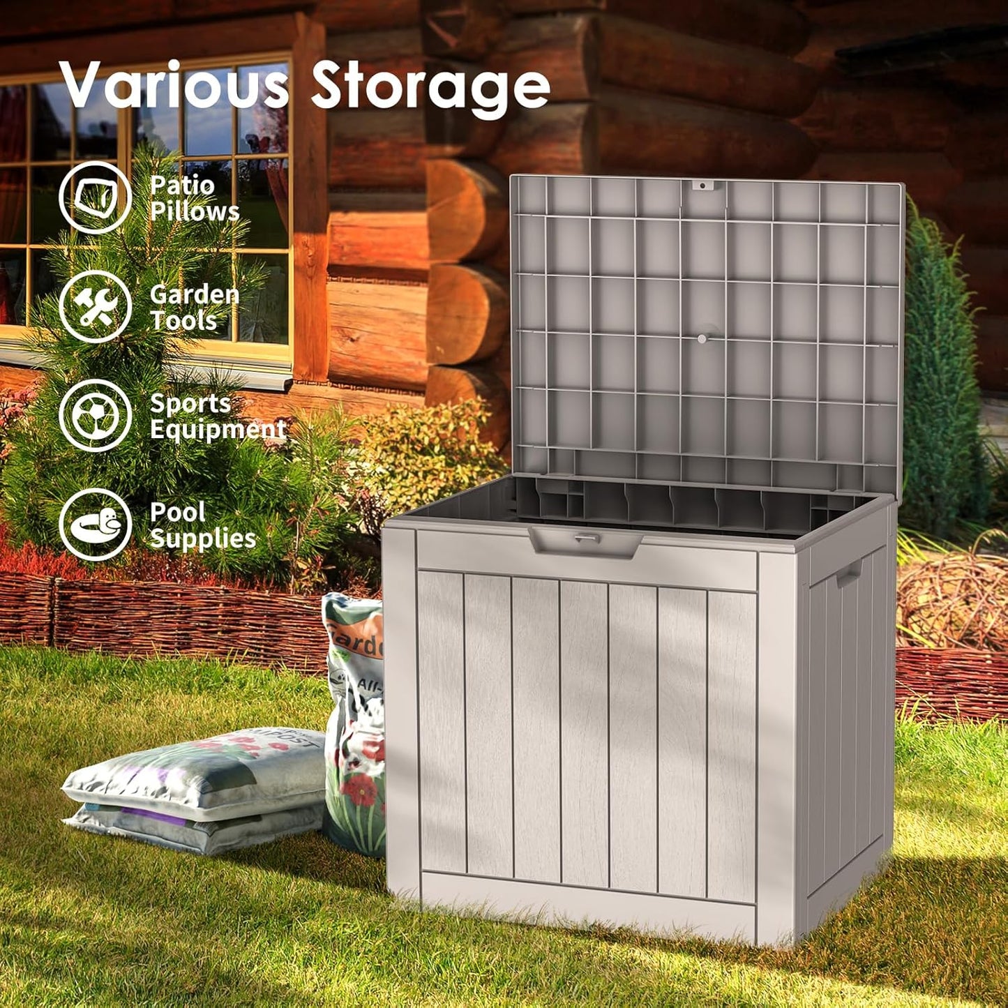 Vixzen 30 Gallon Resin Deck Box - Lockable Outdoor Storage for Patio Cushions, Garden Tools, Pool Supplies，Grey