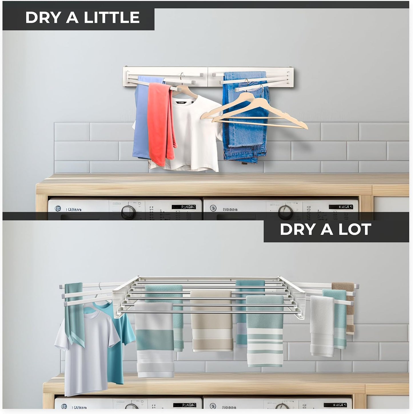 MODERN-X Wall Mounted Clothes Drying Rack with 6 Swivel arms, 35”Wide, 26 Linear ft of Laundry Drying Rack Space, 6 Collapsible Aluminum rods, 2X Drying Capacity, Space Organizer Holds up to 60lbs