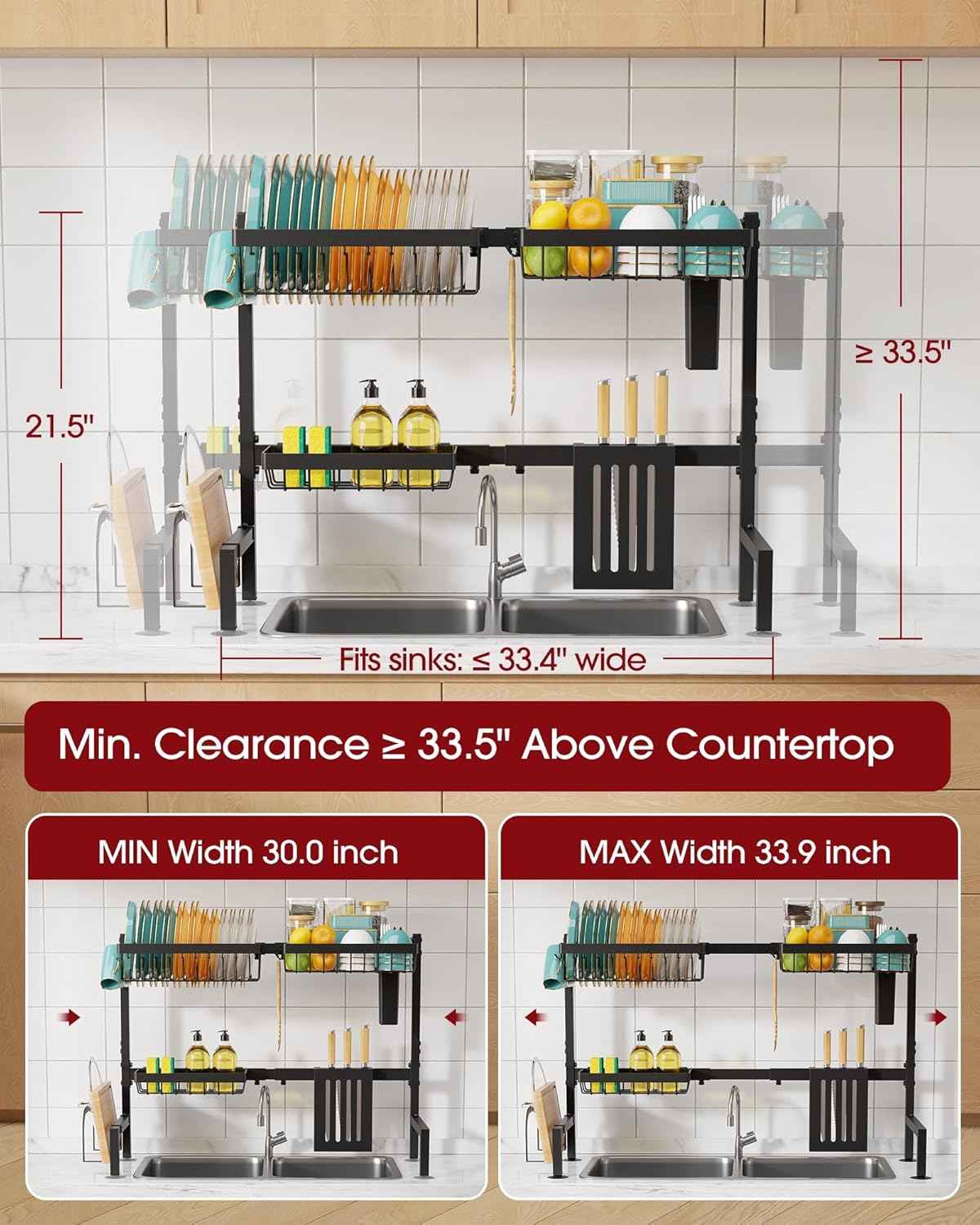Sakugi Over The Sink Dish Drying Rack - Adjustable 2 Tier Large Capacity Stainless Steel Drainer with Cutlery & Utensil Holders, Kitchen Storage & Organization, 30"-33.9" L x 11" W x 21.5" H, Black
