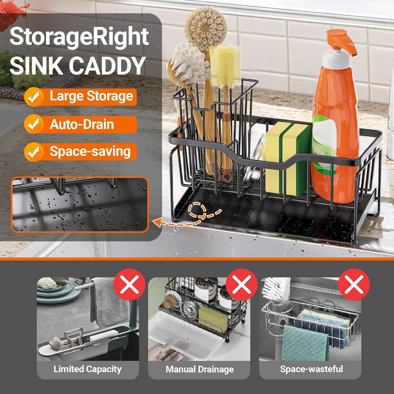 StorageRight Kitchen Sink Caddy Organizer, Rustproof Sponge Holder for Kitchen Sink, Instant Dry High Brush Holders with Drain Tray, Anti-Slip Storage Organization Essentials, Black