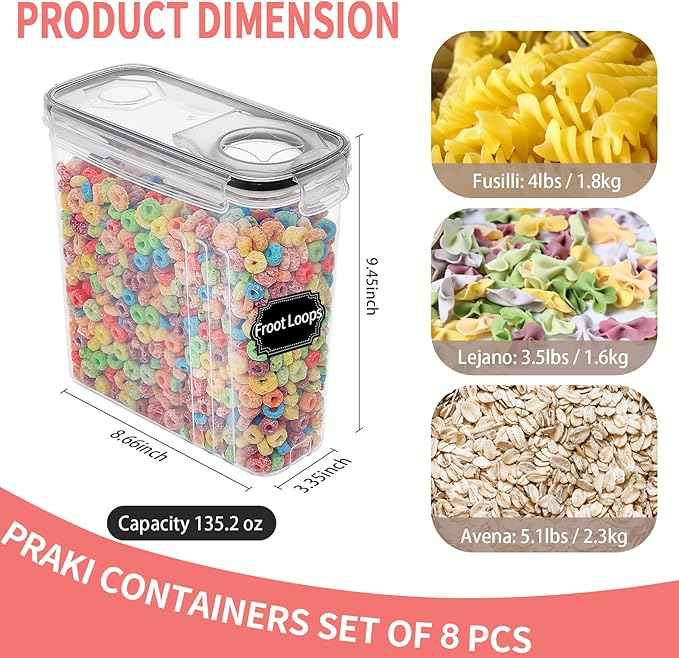 PRAKI Cereal Containers Storage Set (4L,135.2 Oz), 8PCS Airtight Food Storage Containers with Lids for Kitchen & Pantry Organizers and Storage, Cereal Dispensers with 20 labels, Measuring Cup & Marker