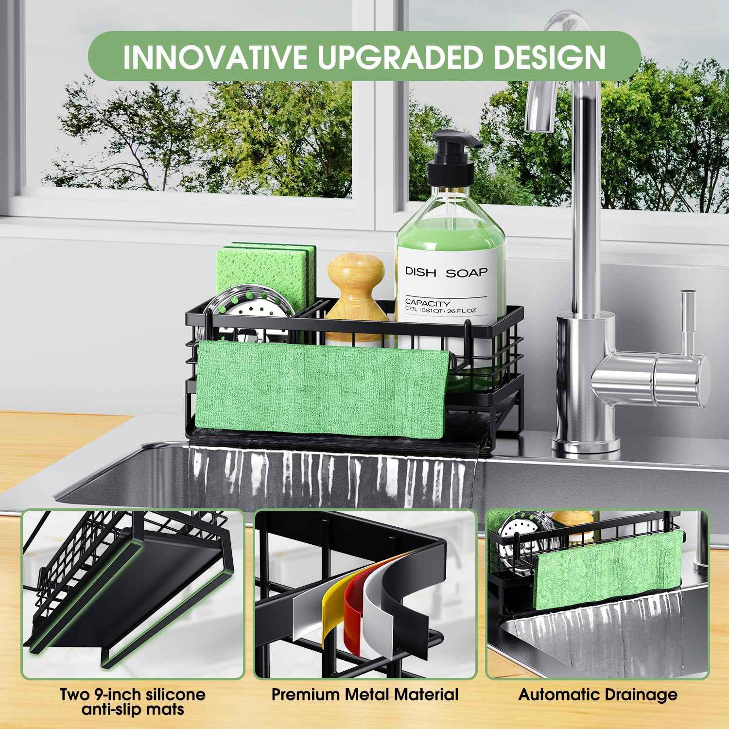 Self-Draining Kitchen Sink Caddy, Rustproof Non-Slip Metal Sponge Holder with Detachable Dish Cloth Holder (Black)