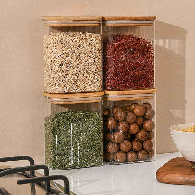 D2scrma 37oz Rectangle Airtight Glass Storage Containers with Bamboo Lids (Set of 4), Square Food Storage Jar, Pantry Organizers for Cereal, Nuts, Snacks and Coffee beans (‎with Black Lable)