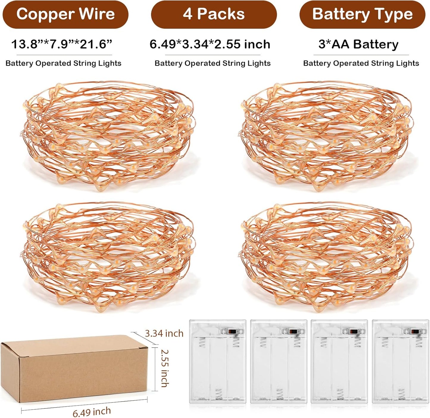 Led Fairy Lights Battery Operated, 4 Packs Mini Battery Powered Copper Wire Starry Fairy Lights for Bedroom, Christmas, Parties, Wedding, Centerpiece, Decoration (5m/16ft Blue)